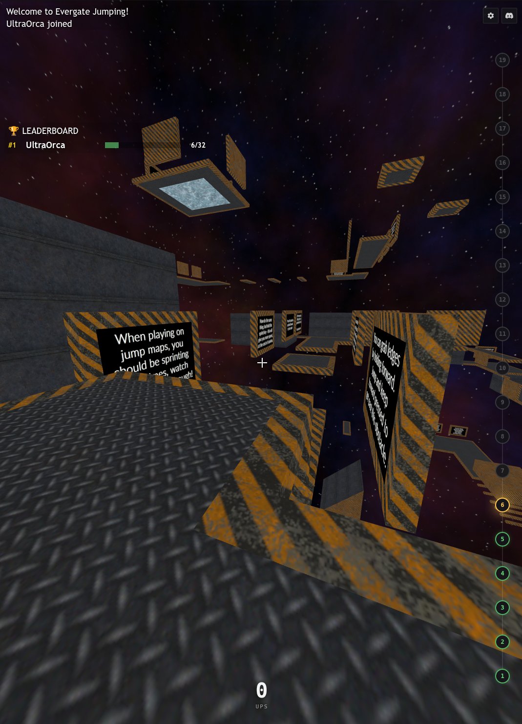 Evergate: a first-person view speed-running across jump platforms with a speed HUD.