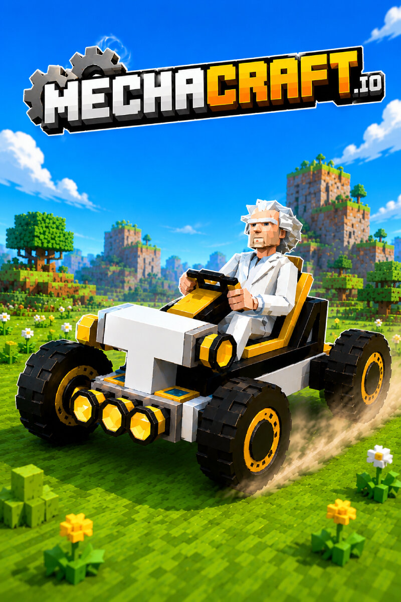 Mechacraft cover: a machine built from blocks and wheels driving through a 3D physics world.