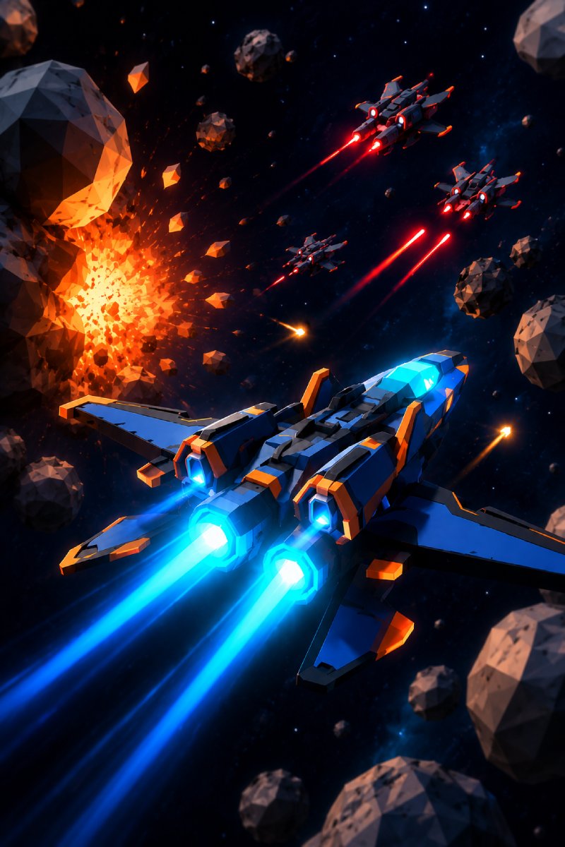 Voidfall: a spacecraft chasing a target through an asteroid field with a HUD reticle.